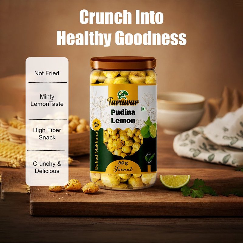 Taruwar Pudina Lemon Flavoured Makhana 80g Jar | Mint & Lemon Roasted Fox Nuts Snack | Crunchy Healthy Makhana | High Protein, Low Calorie Superfood | Refreshing & Guilt-Free Anytime Snack thumbnail 3