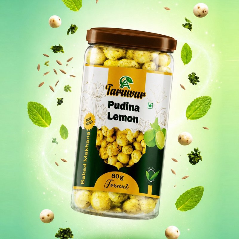 Taruwar Pudina Lemon Flavoured Makhana 80g Jar | Mint & Lemon Roasted Fox Nuts Snack | Crunchy Healthy Makhana | High Protein, Low Calorie Superfood | Refreshing & Guilt-Free Anytime Snack thumbnail 4