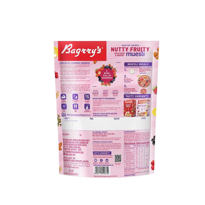 Bagrry’s Nutty Fruity Muesli 1KG | Crunchy Breakfast Cereal with Nuts & Dried Fruits | High Fiber Healthy Muesli | Perfect for Milk, Yogurt & Daily Nutrition thumbnail 2