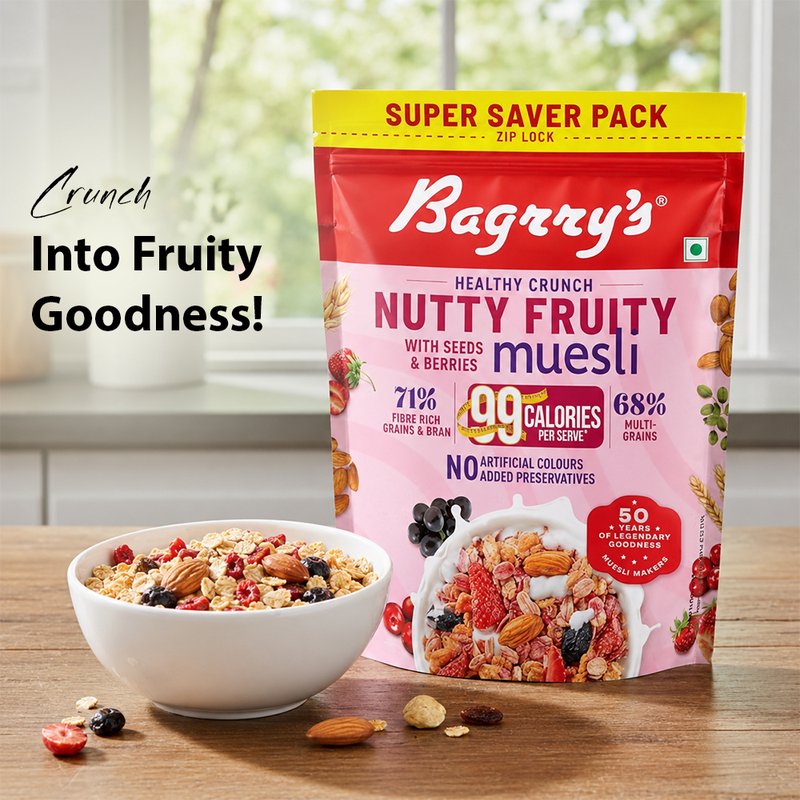 Bagrry’s Nutty Fruity Muesli | Crunchy Breakfast Cereal with Nuts & Dried Fruits | High Fiber Healthy Muesli | Perfect for Milk, Yogurt & Daily Nutrition