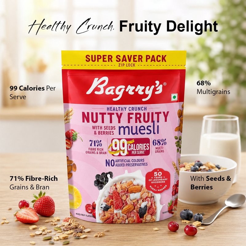 Bagrry’s Nutty Fruity Muesli | Crunchy Breakfast Cereal with Nuts & Dried Fruits | High Fiber Healthy Muesli | Perfect for Milk, Yogurt & Daily Nutrition