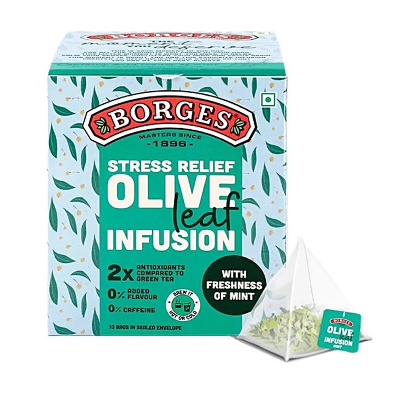 Borges Olive Leaf Infusion Mint | Herbal Tea Bags with Olive Leaf & Mint | Caffeine-Free Herbal Infusion | Refreshing Daily Herbal Drink | 10 Tea Bags