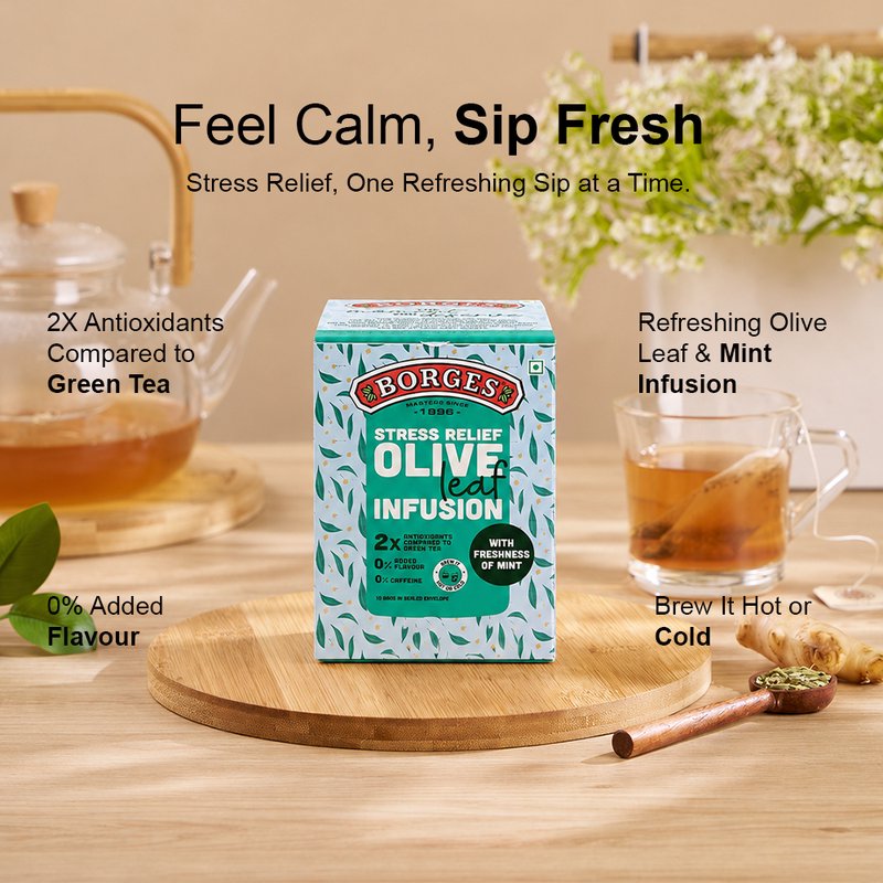 Borges Olive Leaf Infusion Mint | Herbal Tea Bags with Olive Leaf & Mint | Caffeine-Free Herbal Infusion | Refreshing Daily Herbal Drink | 10 Tea Bags