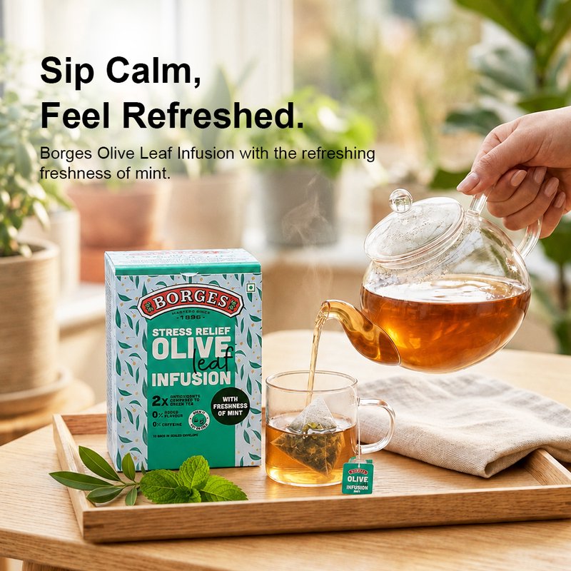 Borges Olive Leaf Infusion Mint | Herbal Tea Bags with Olive Leaf & Mint | Caffeine-Free Herbal Infusion | Refreshing Daily Herbal Drink | 10 Tea Bags