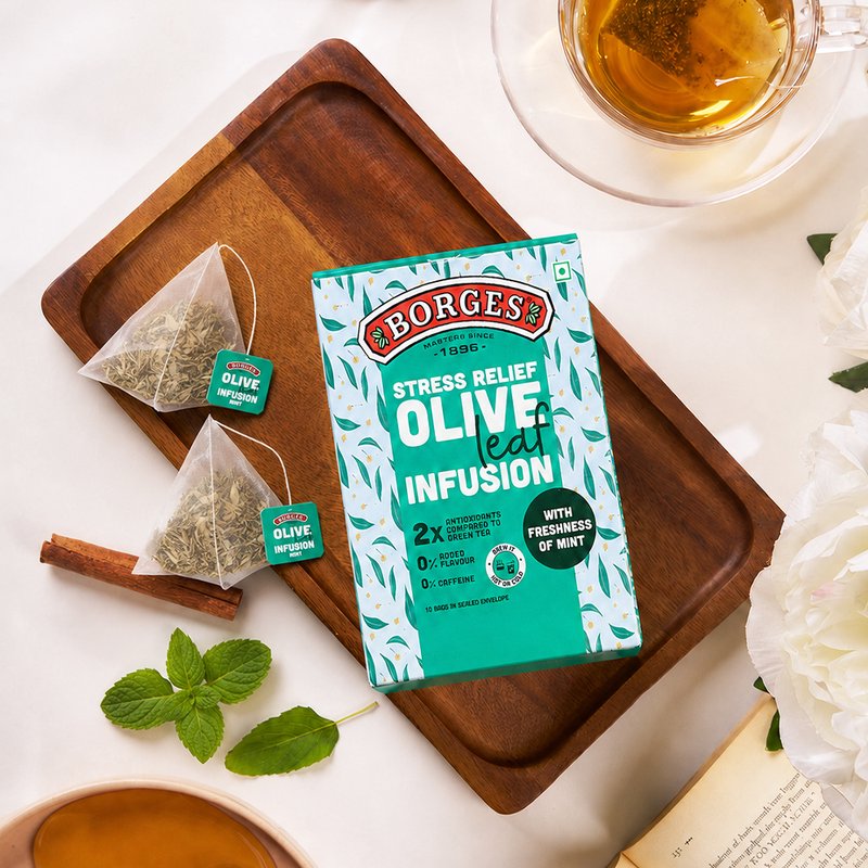 Borges Olive Leaf Infusion Mint | Herbal Tea Bags with Olive Leaf & Mint | Caffeine-Free Herbal Infusion | Refreshing Daily Herbal Drink | 10 Tea Bags
