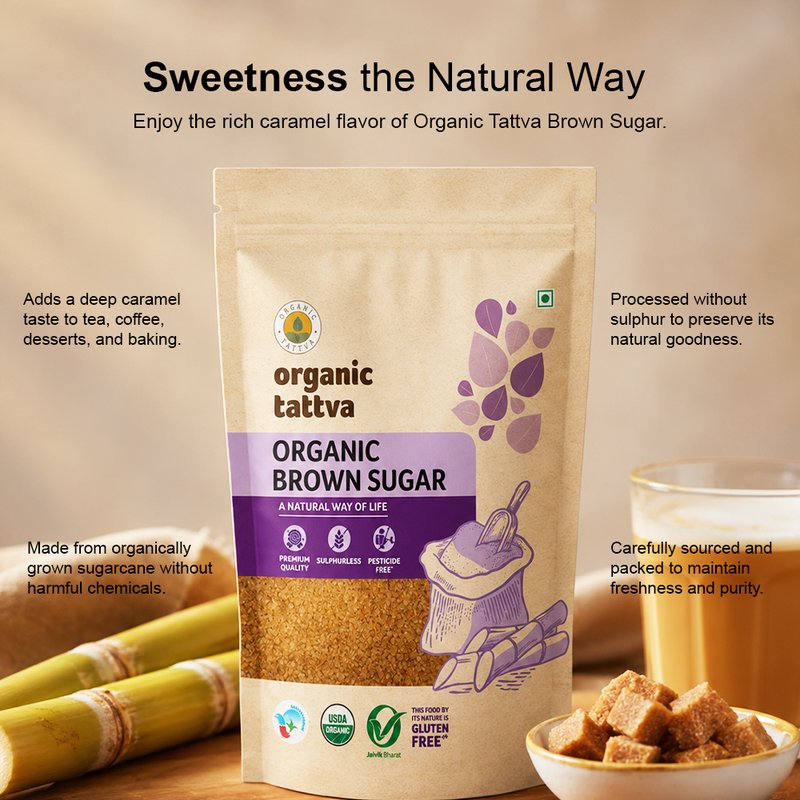 Organic Tattva Brown Sugar | Natural Brown Cane Sugar | Unrefined Sugar | Caramel Flavoured Organic Sugar for Baking & Drinks