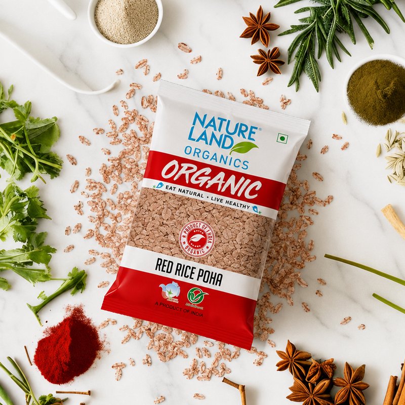 Natureland Organics Red Rice Poha 500g | 100% Organic Red Rice Poha | High Fibre Red Rice Poha for Healthy Breakfast & Traditional Recipes