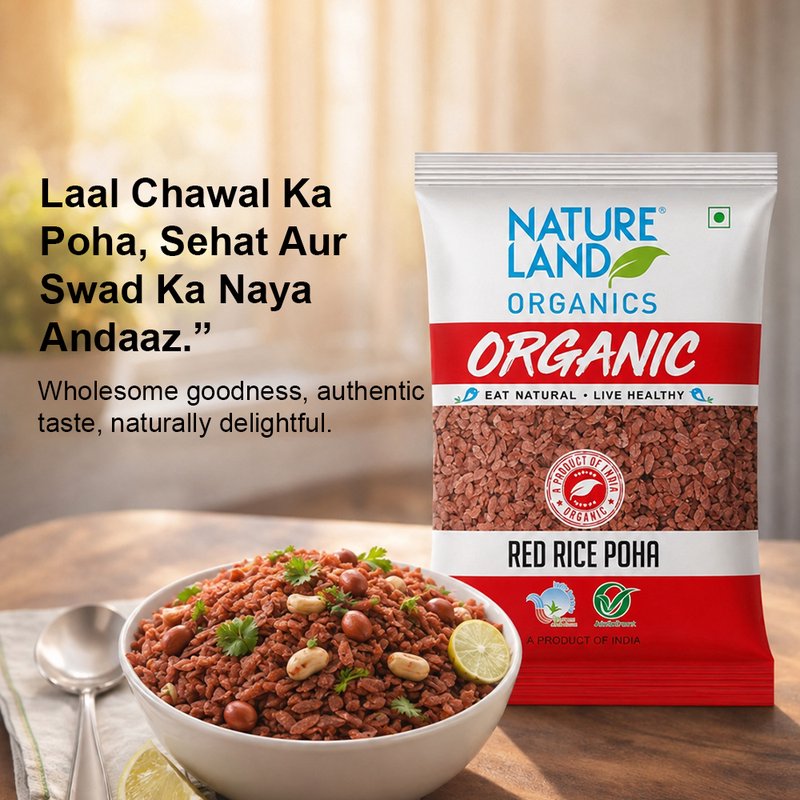 Natureland Organics Red Rice Poha 500g | 100% Organic Red Rice Poha | High Fibre Red Rice Poha for Healthy Breakfast & Traditional Recipes