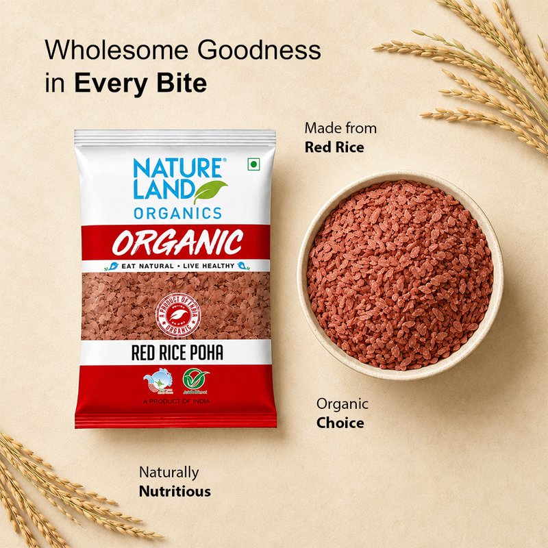 Natureland Organics Red Rice Poha 500g | 100% Organic Red Rice Poha | High Fibre Red Rice Poha for Healthy Breakfast & Traditional Recipes