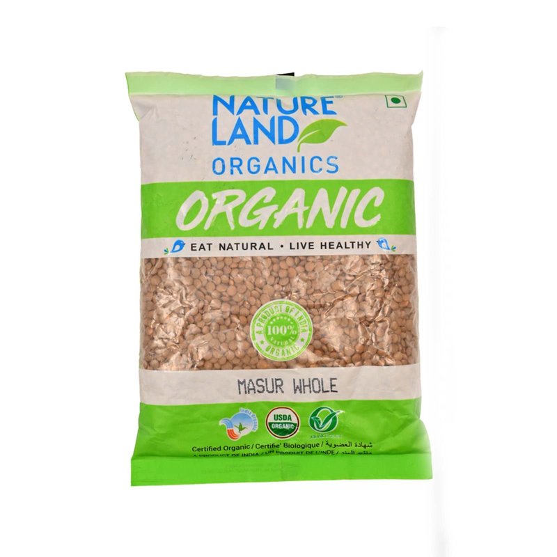 Natureland Organics Masur Whole 500g | 100% Organic Whole Masoor Dal | Protein & Fibre Rich Brown Lentils for Curries, Soups & Everyday Cooking