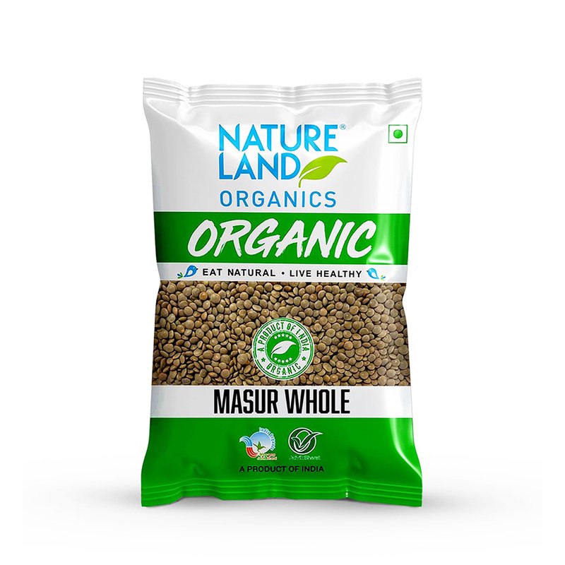 Natureland Organics Masur Whole 500g | 100% Organic Whole Masoor Dal | Protein & Fibre Rich Brown Lentils for Curries, Soups & Everyday Cooking
