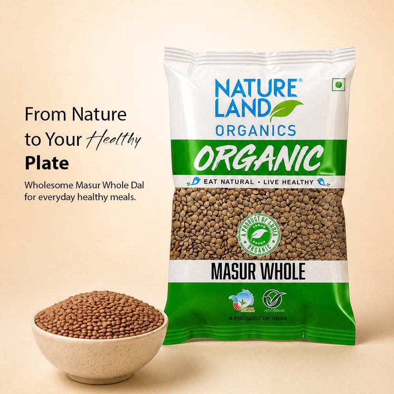 Natureland Organics Masur Whole 500g | 100% Organic Whole Masoor Dal | Protein & Fibre Rich Brown Lentils for Curries, Soups & Everyday Cooking