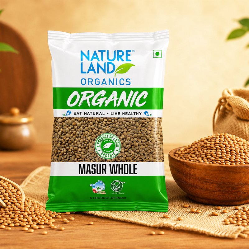 Natureland Organics Masur Whole 500g | 100% Organic Whole Masoor Dal | Protein & Fibre Rich Brown Lentils for Curries, Soups & Everyday Cooking
