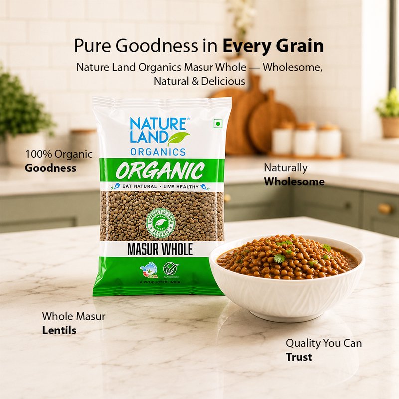 Natureland Organics Masur Whole 500g | 100% Organic Whole Masoor Dal | Protein & Fibre Rich Brown Lentils for Curries, Soups & Everyday Cooking