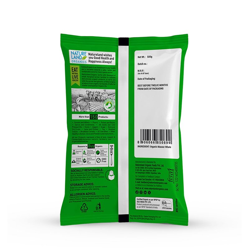 Natureland Organics Masur Whole 500g | 100% Organic Whole Masoor Dal | Protein & Fibre Rich Brown Lentils for Curries, Soups & Everyday Cooking