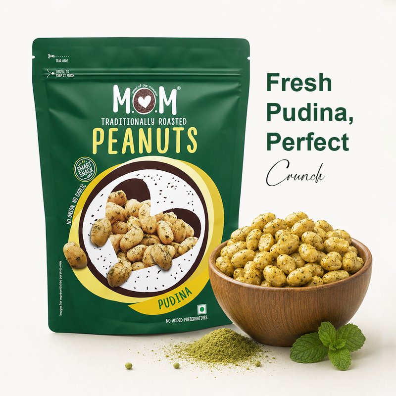 MOM Roasted Pudina Peanuts 22g | Mint-Flavoured Roasted Peanuts | Ready-to-Eat Crunchy Snacks | Single-Serve Pack