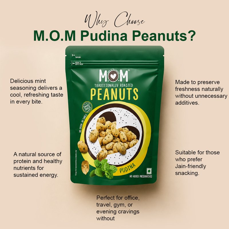 MOM Roasted Pudina Peanuts 22g | Mint-Flavoured Roasted Peanuts | Ready-to-Eat Crunchy Snacks | Single-Serve Pack