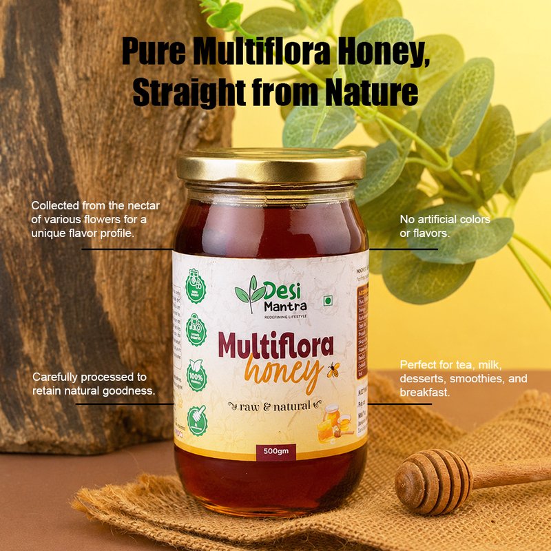 Desi Mantra Multiflora Honey | Pure Raw & Natural Honey | Collected from Multiple Blossoms | Unprocessed & Unfiltered | No Added Sugar | Healthy Sweetener for Tea & Breakfast thumbnail 6