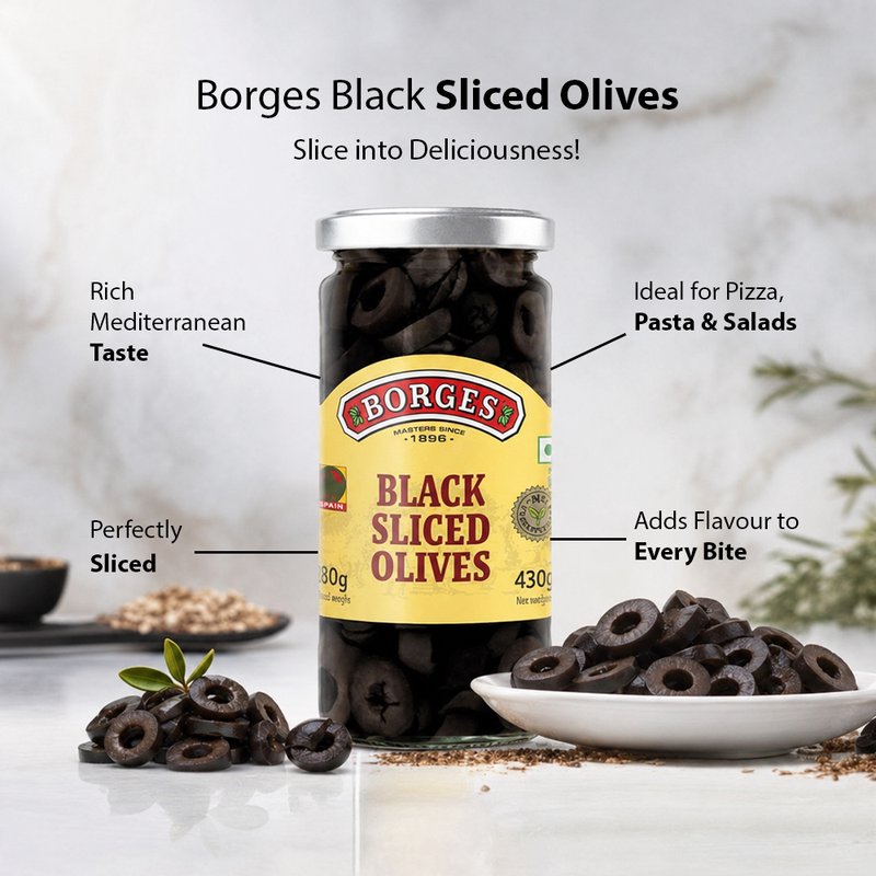 Borges Sliced Black Olives | Ready-to-Use Premium Black Olives | Perfect for Pizza, Pasta, Salads, Sandwiches & Mediterranean Recipes | 430g