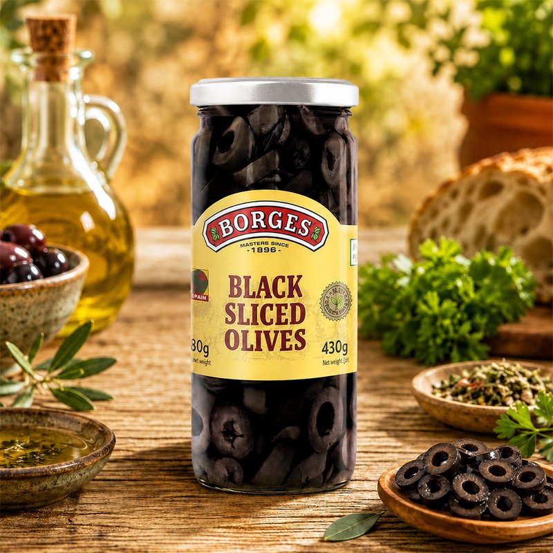 Borges Sliced Black Olives | Ready-to-Use Premium Black Olives | Perfect for Pizza, Pasta, Salads, Sandwiches & Mediterranean Recipes | 430g