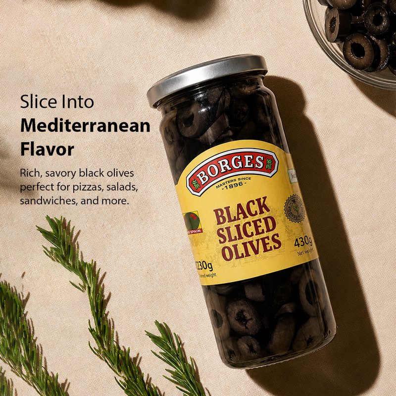 Borges Sliced Black Olives | Ready-to-Use Premium Black Olives | Perfect for Pizza, Pasta, Salads, Sandwiches & Mediterranean Recipes | 430g