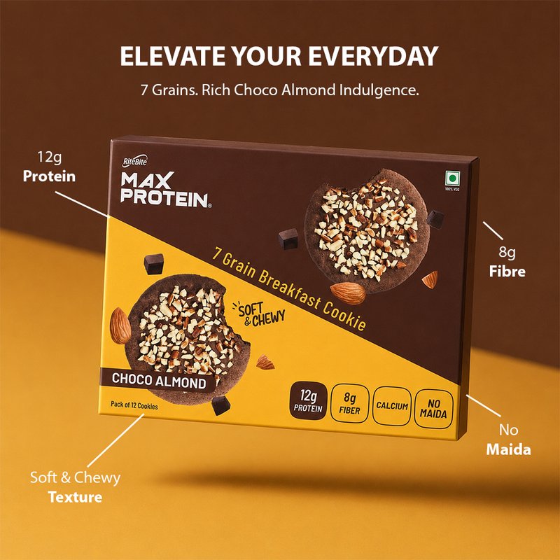 RiteBite Daily 7 Grain Breakfast Cookies Choco Almond (Pack of 1) | Made with 7 Grains, Chocolate & Almonds | High Fibre & Calcium | No Maida | No Preservatives | Crunchy Breakfast & Anytime Snack