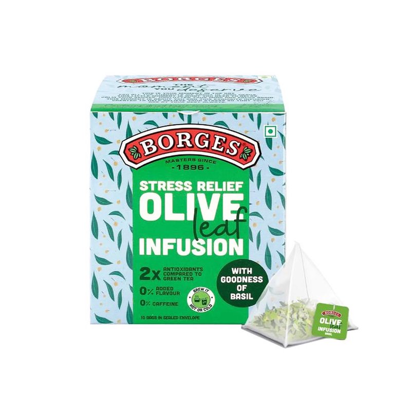 Borges Olive Leaf Infusion Basil | Herbal Tea Bags with Olive Leaf & Basil | Caffeine-Free Herbal Infusion | Refreshing Daily Herbal Drink | 20 Tea Bags