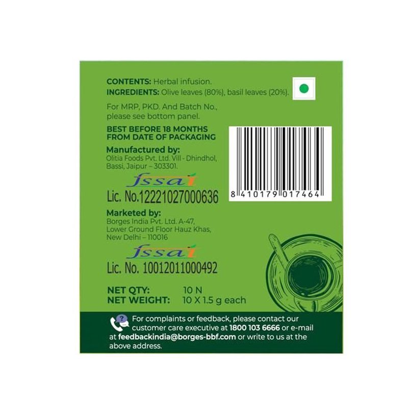 Borges Olive Leaf Infusion Basil | Herbal Tea Bags with Olive Leaf & Basil | Caffeine-Free Herbal Infusion | Refreshing Daily Herbal Drink | 20 Tea Bags thumbnail 2