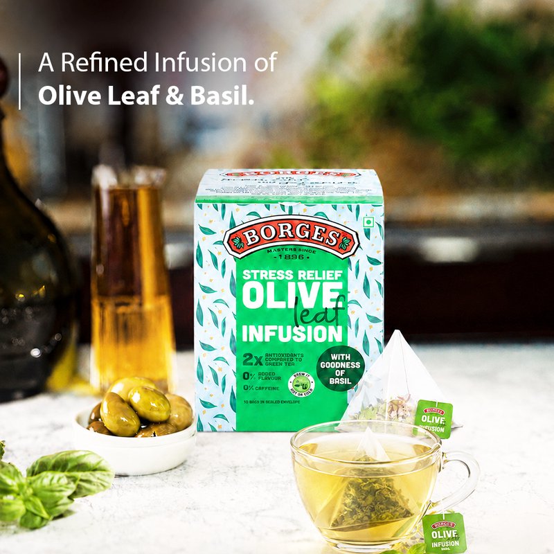 Borges Olive Leaf Infusion Basil | Herbal Tea Bags with Olive Leaf & Basil | Caffeine-Free Herbal Infusion | Refreshing Daily Herbal Drink | 20 Tea Bags