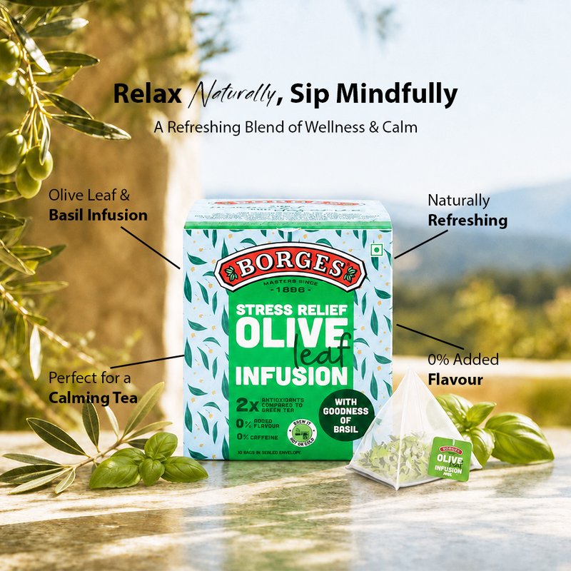 Borges Olive Leaf Infusion Basil | Herbal Tea Bags with Olive Leaf & Basil | Caffeine-Free Herbal Infusion | Refreshing Daily Herbal Drink | 20 Tea Bags