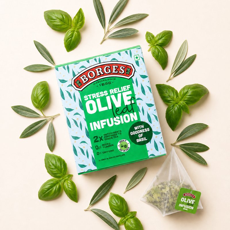 Borges Olive Leaf Infusion Basil | Herbal Tea Bags with Olive Leaf & Basil | Caffeine-Free Herbal Infusion | Refreshing Daily Herbal Drink | 20 Tea Bags