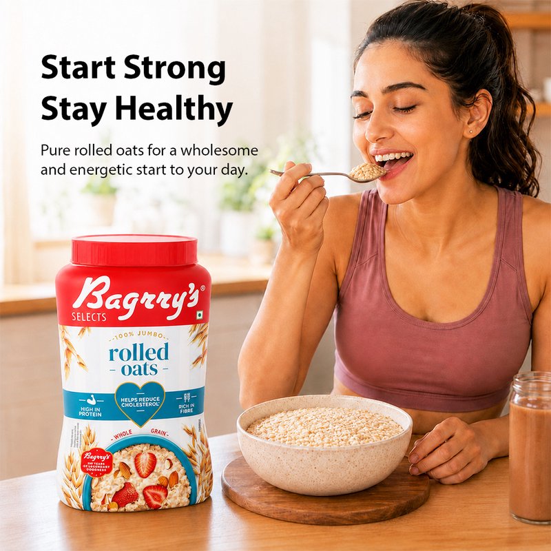 Bagrry’s Rolled Oats Jumbo 1 KG | Premium Wholegrain Breakfast Cereal | High Fiber Healthy Oats | Perfect for Porridge, Smoothies, Overnight Oats & Daily Nutrition