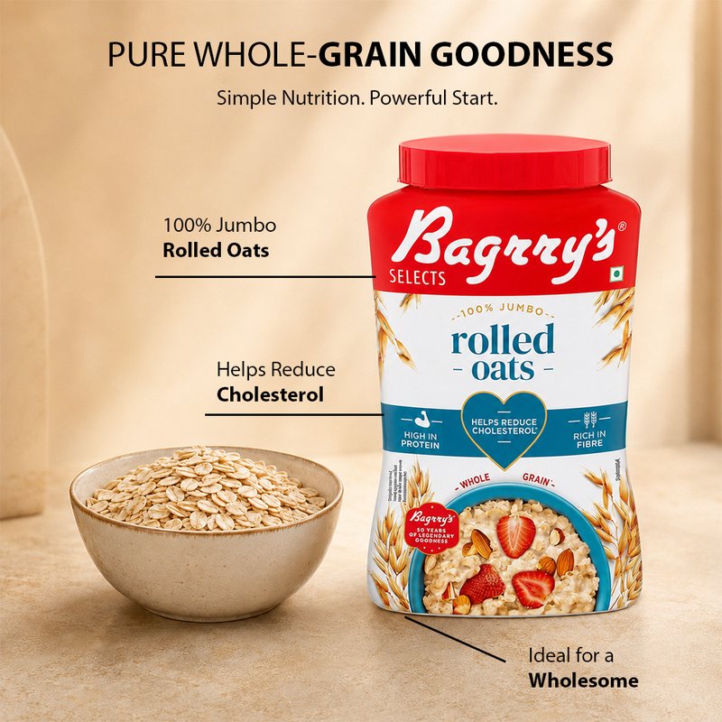 Bagrry’s Rolled Oats Jumbo 1 KG | Premium Wholegrain Breakfast Cereal | High Fiber Healthy Oats | Perfect for Porridge, Smoothies, Overnight Oats & Daily Nutrition