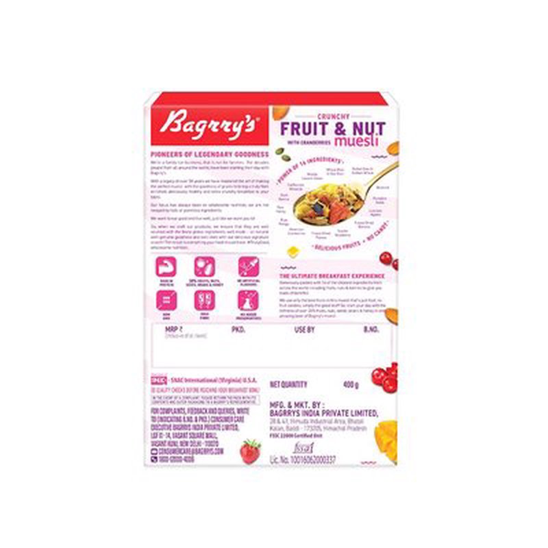 Bagrry's Fruit & Nut Cranberry Muesli 750g | High-Fibre Breakfast Cereal with Whole Grains, Cranberries, Raisins & Nuts | Healthy Muesli for Energy, Digestion & Daily Nutrition
