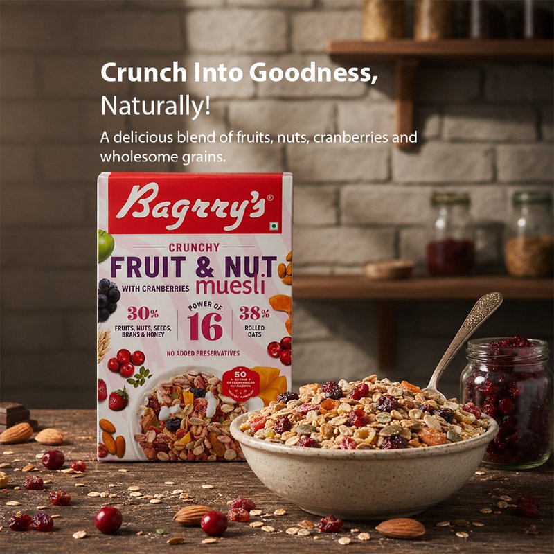 Bagrry's Fruit & Nut Cranberry Muesli | High-Fibre Breakfast Cereal with Whole Grains, Cranberries, Raisins & Nuts | Healthy Muesli for Energy, Digestion & Daily Nutrition