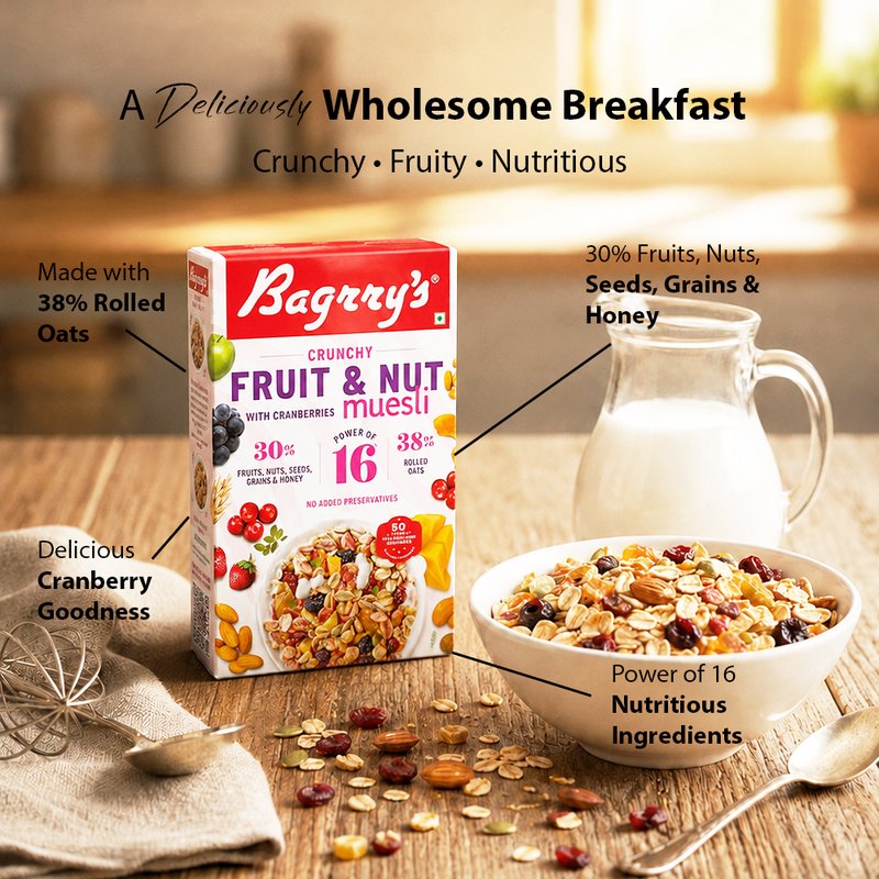 Bagrry's Fruit & Nut Cranberry Muesli | High-Fibre Breakfast Cereal with Whole Grains, Cranberries, Raisins & Nuts | Healthy Muesli for Energy, Digestion & Daily Nutrition