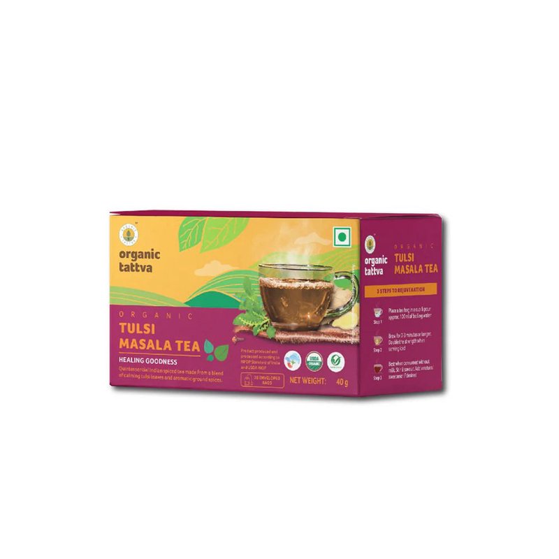 Tattva Organic Tulsi Masala Tea | 20 Tea Pouches | Tulsi Herbal Tea | Spiced Aromatic Tea | Refreshing Wellness Tea