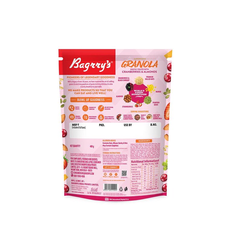Bagrry’s Granola Cranberries & Almond 400 GM | Crunchy Granola Breakfast Cereal with Real Cranberries & Almonds | High Fiber Healthy Snack for Milk, Yogurt & Daily Nutrition thumbnail 2