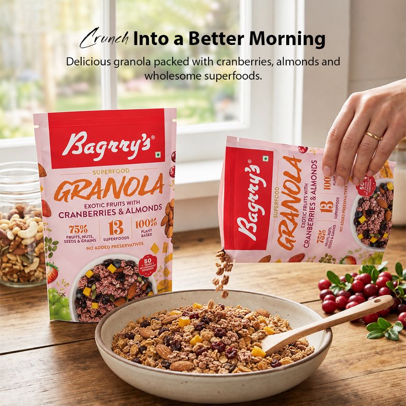 Bagrry’s Granola Cranberries & Almond 400 GM | Crunchy Granola Breakfast Cereal with Real Cranberries & Almonds | High Fiber Healthy Snack for Milk, Yogurt & Daily Nutrition