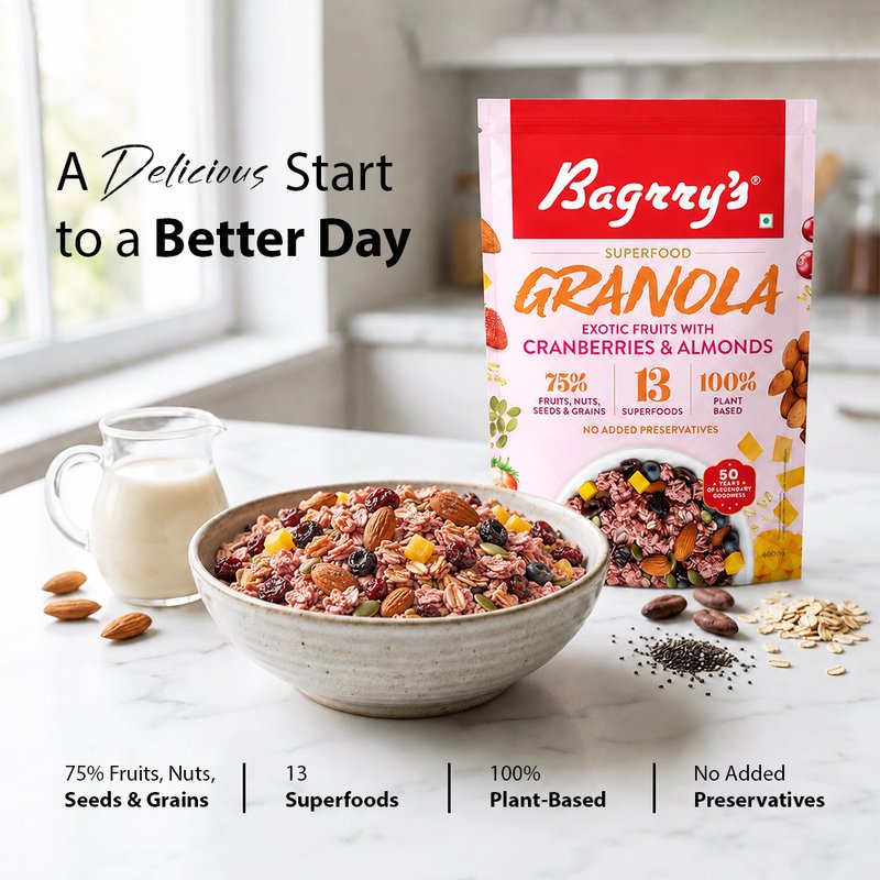 Bagrry’s Granola Cranberries & Almond 400 GM | Crunchy Granola Breakfast Cereal with Real Cranberries & Almonds | High Fiber Healthy Snack for Milk, Yogurt & Daily Nutrition