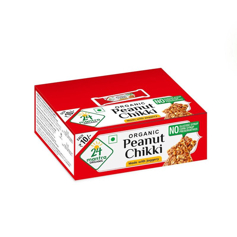 24 Mantra Organic Peanut Chikki | Pack of 10 x 20g | Crunchy Jaggery & Peanut Brittle | Protein-Rich Snack | No Added Preservatives or Artificial Colours