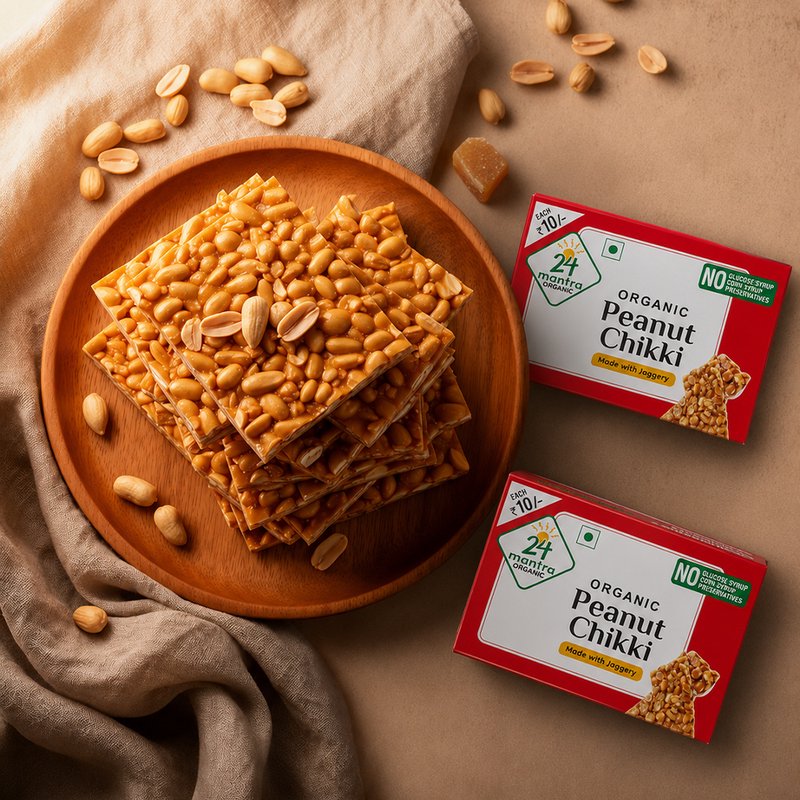24 Mantra Organic Peanut Chikki | Pack of 10 x 20g | Crunchy Jaggery & Peanut Brittle | Protein-Rich Snack | No Added Preservatives or Artificial Colours