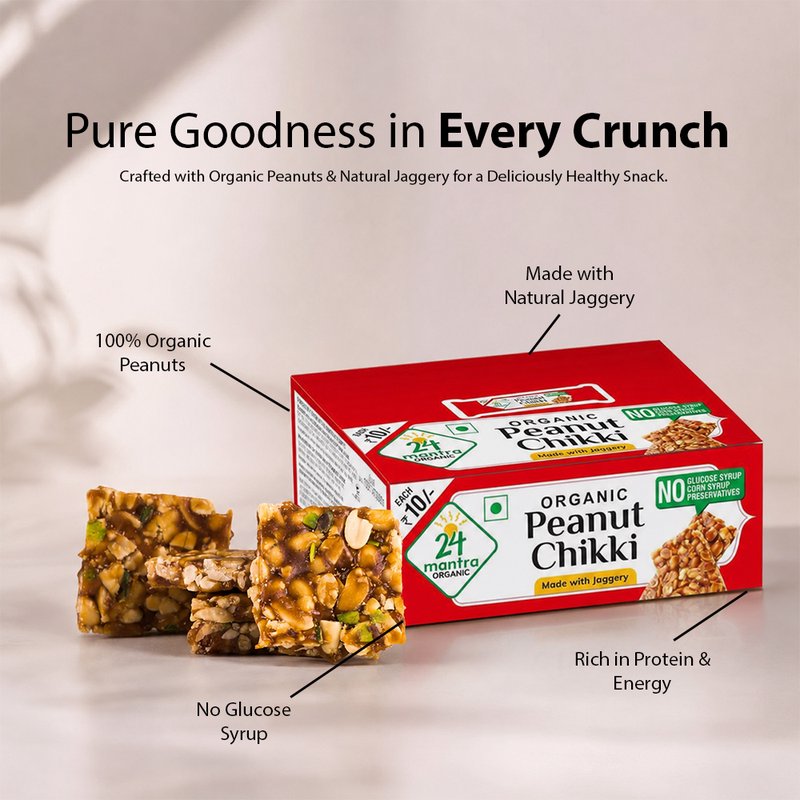 24 Mantra Organic Peanut Chikki | Pack of 10 x 20g | Crunchy Jaggery & Peanut Brittle | Protein-Rich Snack | No Added Preservatives or Artificial Colours