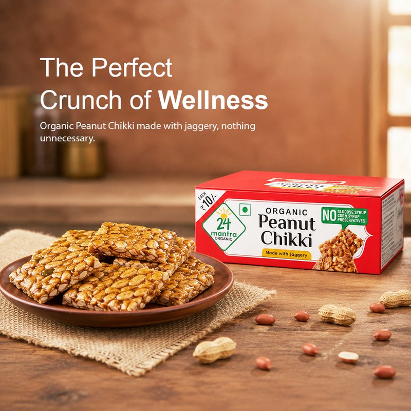 24 Mantra Organic Peanut Chikki | Pack of 10 x 20g | Crunchy Jaggery & Peanut Brittle | Protein-Rich Snack | No Added Preservatives or Artificial Colours
