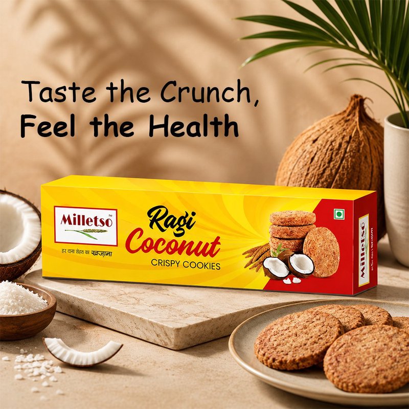 Milletso Ragi Coconut Cookies | Healthy Millet Cookies with Coconut Flavor | Fiber Rich No Maida Biscuits | Calcium & Iron Rich Ragi Snack | Crunchy Tea Time Cookies for Kids & Adults | Healthy Snacking Option thumbnail 2