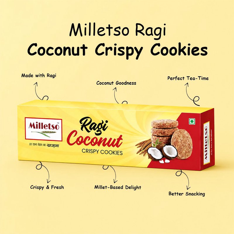 Milletso Ragi Coconut Cookies | Healthy Millet Cookies with Coconut Flavor | Fiber Rich No Maida Biscuits | Calcium & Iron Rich Ragi Snack | Crunchy Tea Time Cookies for Kids & Adults | Healthy Snacking Option thumbnail 3