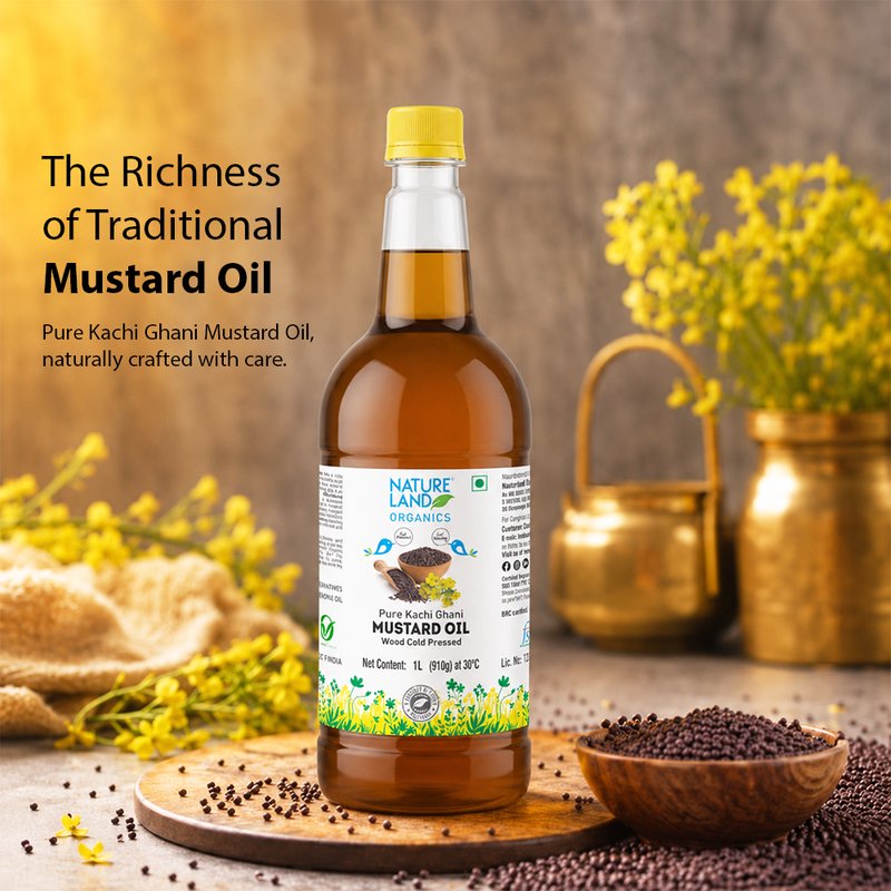 Natureland Organics Wood Cold Pressed Mustard Oil  | 100% Organic Kachi Ghani Mustard Oil | Naturally Rich in Omega 3 & Vitamin E for Everyday Cooking