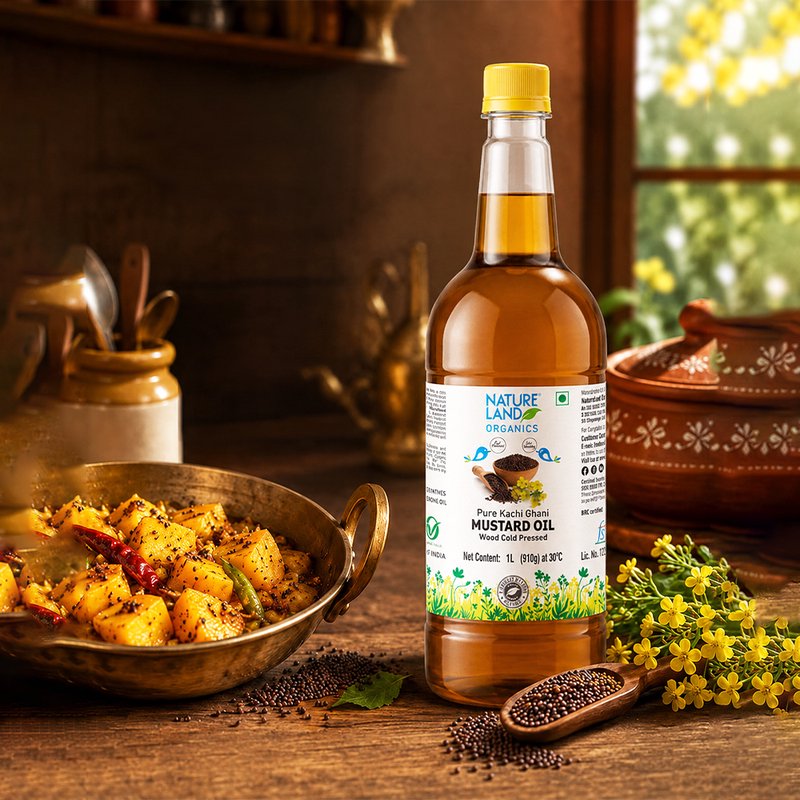Natureland Organics Wood Cold Pressed Mustard Oil  | 100% Organic Kachi Ghani Mustard Oil | Naturally Rich in Omega 3 & Vitamin E for Everyday Cooking