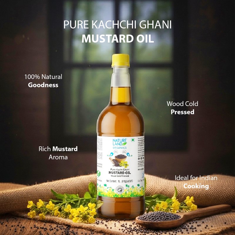 Natureland Organics Wood Cold Pressed Mustard Oil  | 100% Organic Kachi Ghani Mustard Oil | Naturally Rich in Omega 3 & Vitamin E for Everyday Cooking