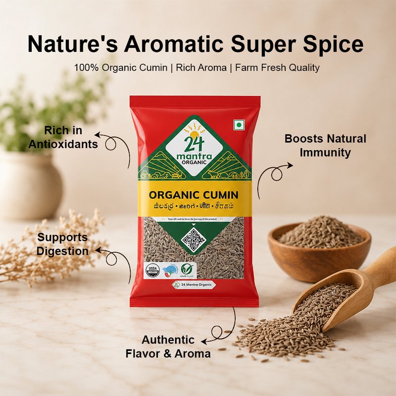 24 Mantra Organic Cumin Seeds (Jeera/Zeera/Jeelakarra) | Whole Cumin Spice | 100% Organic | Unadulterated | Chemical & Pesticide Free | For Tadka, Masalas & Seasoning
